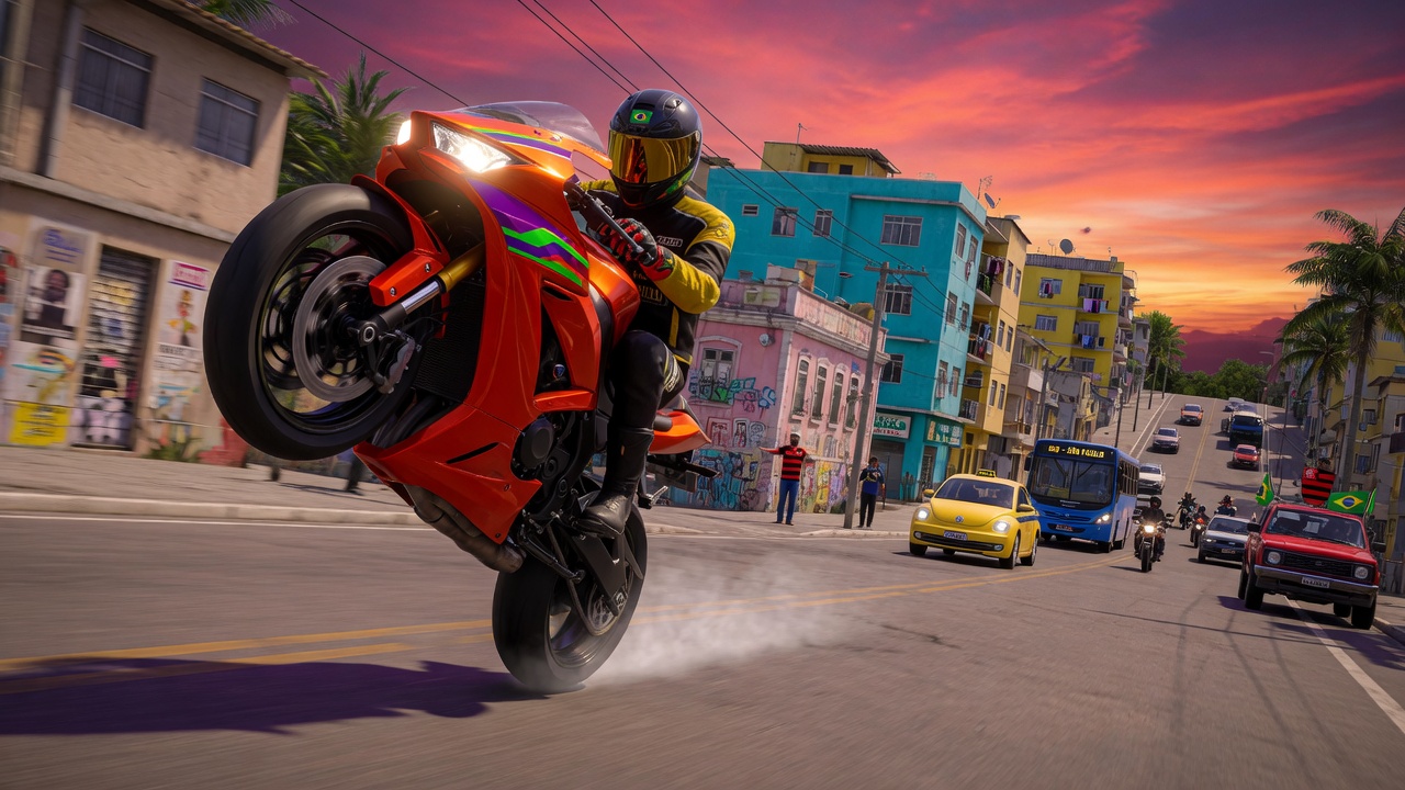 RODOGRAU 2.0 Gameplay-Screenshot mit Motorrad in der Stadt